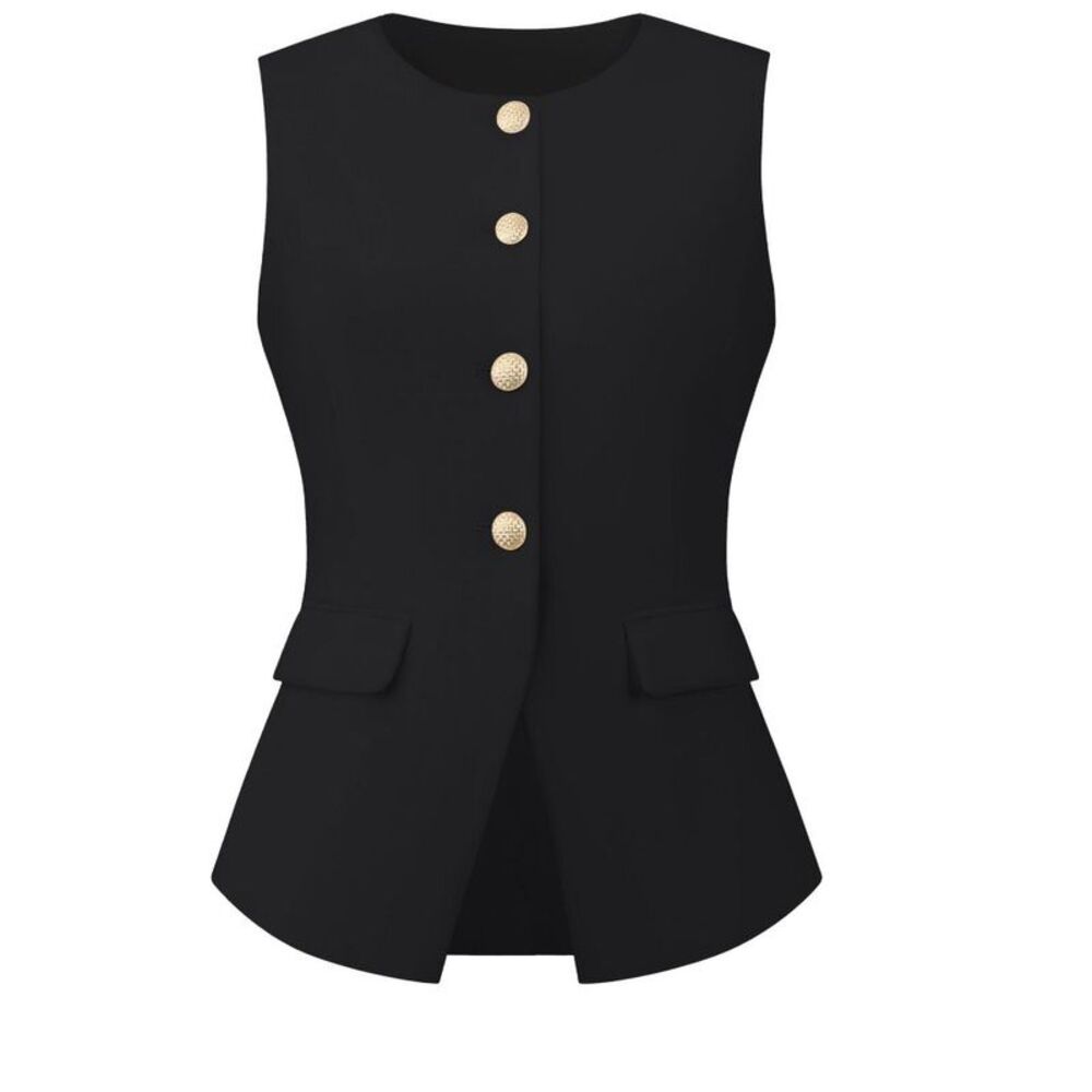 Women's Business Work Sleeveless Button-Down Waistcoat Vest - Solid Black M